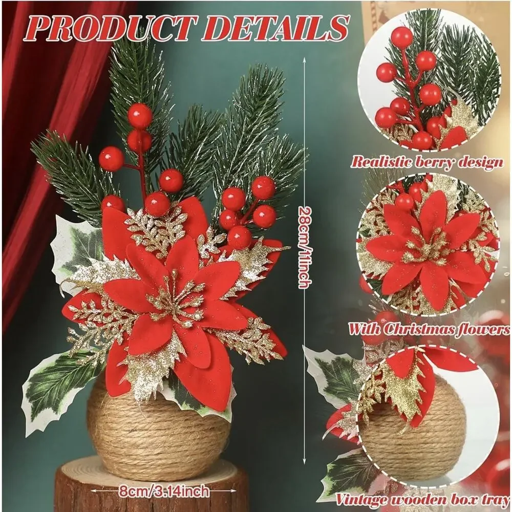 4 Pc Christmas Poinsettias Artificial Floral Red Table Top New